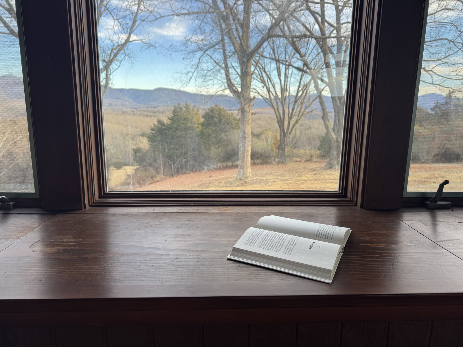 An open book beside a mountain view
